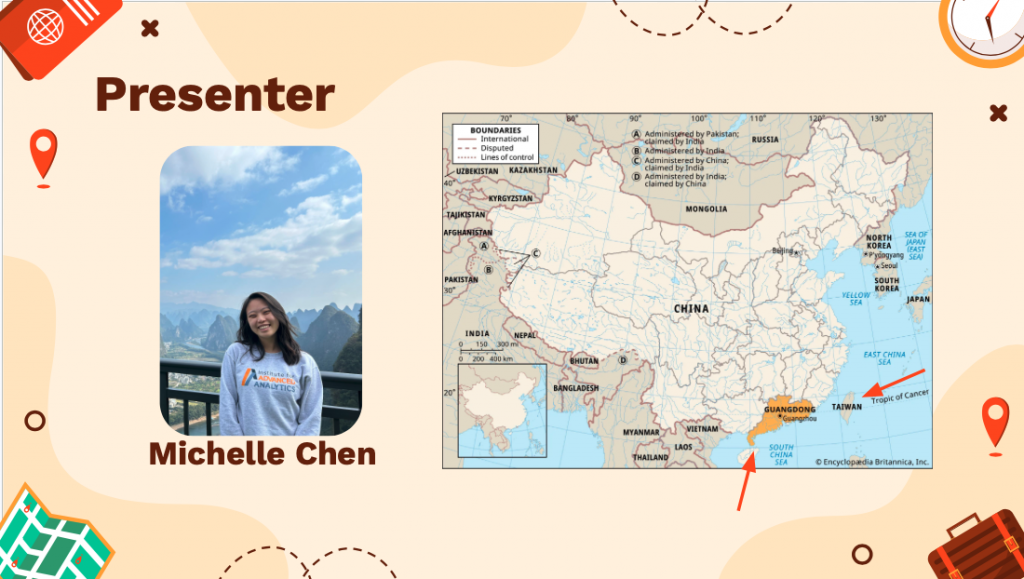 Map of China and Japan and picture of presenter in her Institute for Advanced Analytics sweatshirt